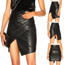 Fashion Solid Color High-rise Slit Artificial Leather PU Skirts
