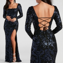 Sexy Bling-bling Sequined Square Neck Lace-up Backless Long Sleeve Side Slit Maxi Party Dress