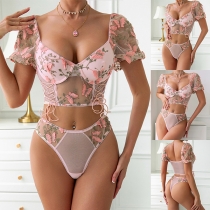 Sexy Floral Embroidery Puff Short Sleeve Lace-up Two-piece Lingerie Set