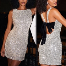 Sexy Bling-bling Sequin Crew Neck Sleeveless Backless Bowknot Mini Dress