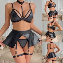 Sexy Halterneck Cutout Ruffle Artificial Leather PU Four-piece Lingerie Set