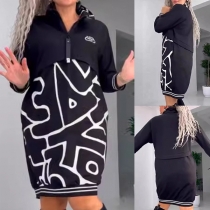 Fashion Contrast Color Printed Stand Collar Half-zipper Long Sleeve Mini Dress