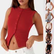 Fashion Solid Color Front Button Ribbed Sleeveless Shirt