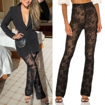 Sexy Floral Jacquard Straight-cut Lace Pants