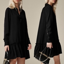 Casual Button V-neck Long Sleeve Ruffle Hemline Shirt Dress