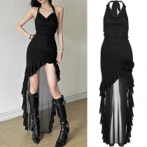 Sexy Halter Neck Sleeveless 3D Floral Backless Ruffle Irregular Hemline Black Dress