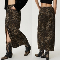 Fashion Leopard Print Front Button High-rise Slit Denim Skirt