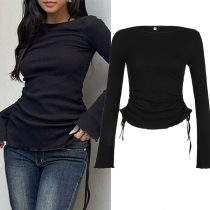 Casual Crew Neck Long Sleeve Side Drawstring Shirt