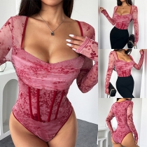 Sexy Gradient Color Square Neck Long Sleeve Corset Bodysuit
