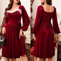 Fashion Plush Spliced Sweetheart Neckline Backless Long Sleeve High-rise Dress