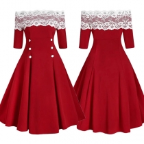 Sexy Lace Spliced Strapless Double-breasted Pleated Dress