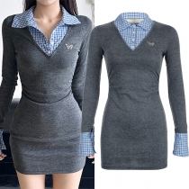 Fashion Contrast Color Plaid Spliced Polo Neck Long Sleeve Bodycon Dress