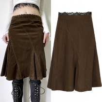 Vintage Lace Spliced High-rise Ruffle Hemline Brown Skirt