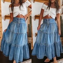 Street Fashion Button High-rise Tiered Old-washed Denim Skirt