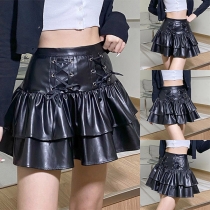 Fashion Lace-up Ruffle Hemline Artificial Leather PU Skirt