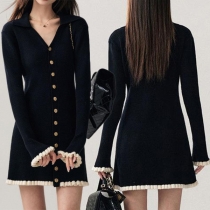 Fashion V-neck Front Button Long Sleeve Contrast Color Ruffle Hemline Knitted Dress