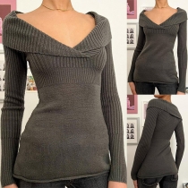 Fashion Lapel V-neck Long Sleeve Ribbed Sweater