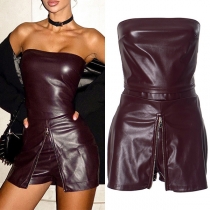Sexy Artificial Leather PU Two-piece Set Consist of Strapless Shirt and Zipper Skorts