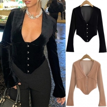 Fashion V-neck Long Sleeve Front Button Irregular Hemline Shirt