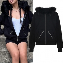 Fashion Plush Spliced Hooded Long Sleeve Front Zipper Jacket