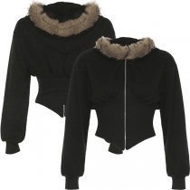 Fashion Plush Spliced Hooded Long Sleeve Front Zipper Crop Sweat-jacket