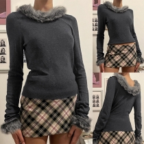 Fashion Plush Spliced V-neck Long Sleeve Shirt