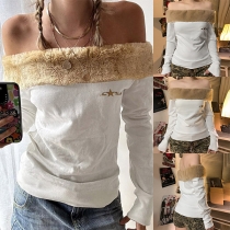 Fashion Plush Spliced Strapless Long Sleeve Shirt