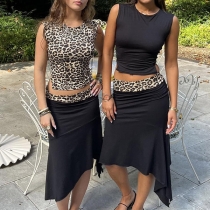 Sexy Contrast Color Leopard Printed Two-piece Set Consist of Crop Sleeveless Shirt and Irregular Hemline Skirt