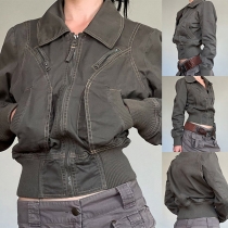 Fashion Stand Collar Long Sleeve Front Zipper Jacket