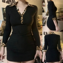 Fashion Leopard Printed Spliced Polo V-neck Long Sleeve Bodycon Dress