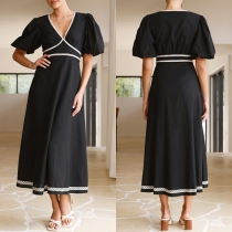 Fashion V-neck Puff Short Sleeve High-rise Midi Dress