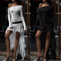 Sexy One-shoulder Long Sleeve Lace Spliced Irregular Hemline Bodycon Dress