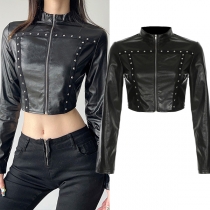 Punk Style Rivet Mock Neck Long Sleeve Artificial Leather PU Crop Jacket