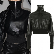 Street Fashion Zipper Turtleneck Long Sleeve Artificial Leather PU Shirt