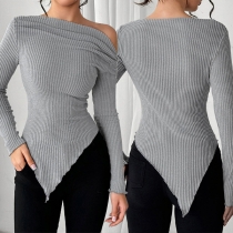 Fashion Slant Shoulder Long Sleeve Irregular Hemline Ribbed Shirt