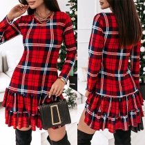 Fashion Plaid Crew Neck Long Sleeve Ruffle Hemline Red Dress