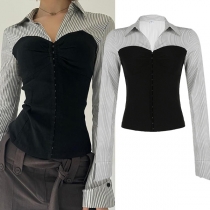 Fashion Stripe Printed Stand Collar Long Sleeve Contrast Color Front Button Shirt