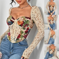 Vintage Floral Printed Lace Spliced Sweetheart Neckline Long Sleeve Backless Corset Shirt
