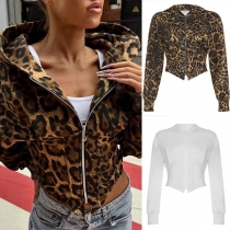 Fashion Leopard Printed Long Sleeve Hooded Crop Jacket
