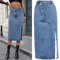 Fashion Irregular Waist Side Slit Old-washed Old-washed Denim Skirt