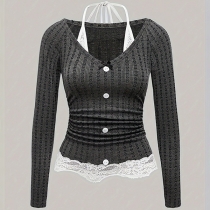 Fashion Lace Spliced Halterneck Long Sleeve Front Button Ruched Shirt