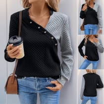 Fashion Contrast Color Irregular Button Neckline Long Sleeve Textured Sweatshirt