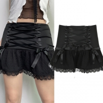 Fashion Lace Spliced Ruffle Hemline Front Lace-up Skirt