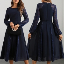 Fashion Lace Spliced Crew Neck Long Sleeve High-rise Midi Dress