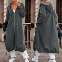 Casual Solid Color Hooded Long Sleeve Front Zipper Drawstring Longline Sweat-jacket