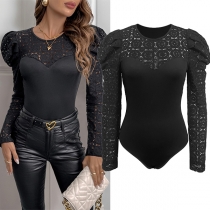 Fashion Lace Spliced Crew Neck Long Sleeve Bodysuit
