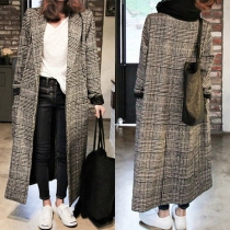 Fashion Plaid Lapel Long Sleeve Longline Duffle Jacket
