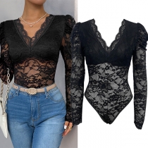 Sexy V-neck Long Sleeve Semi-through Lace Bodysuit