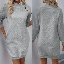 Fashion Side Button Crew Neck Long Sleeve Textured Sweatshirt Dress