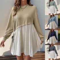 Fashion Contrast Color Crew Neck Long Sleeve Mini Dress